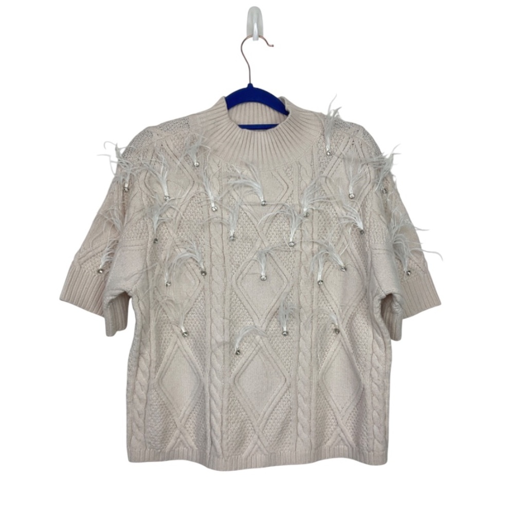 Ann Taylor Cream Cable Knit Short-Sleeve Sweater with Feather & Bead Accents